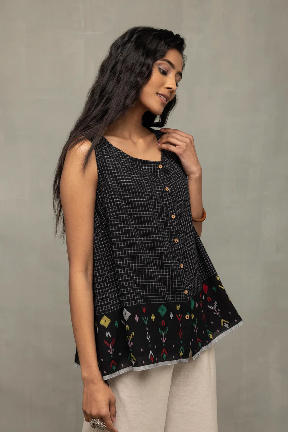 Handwoven Black Checks Jamdani Top for Casual Everyday Wear