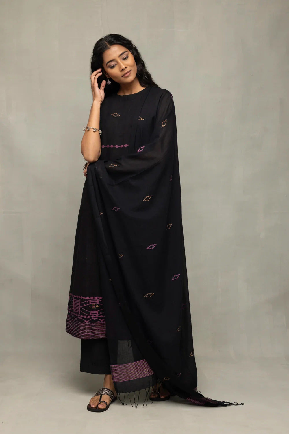 Handwoven Black Jamdani Kurta Set with Yantra Zari Motifs and Dupatta