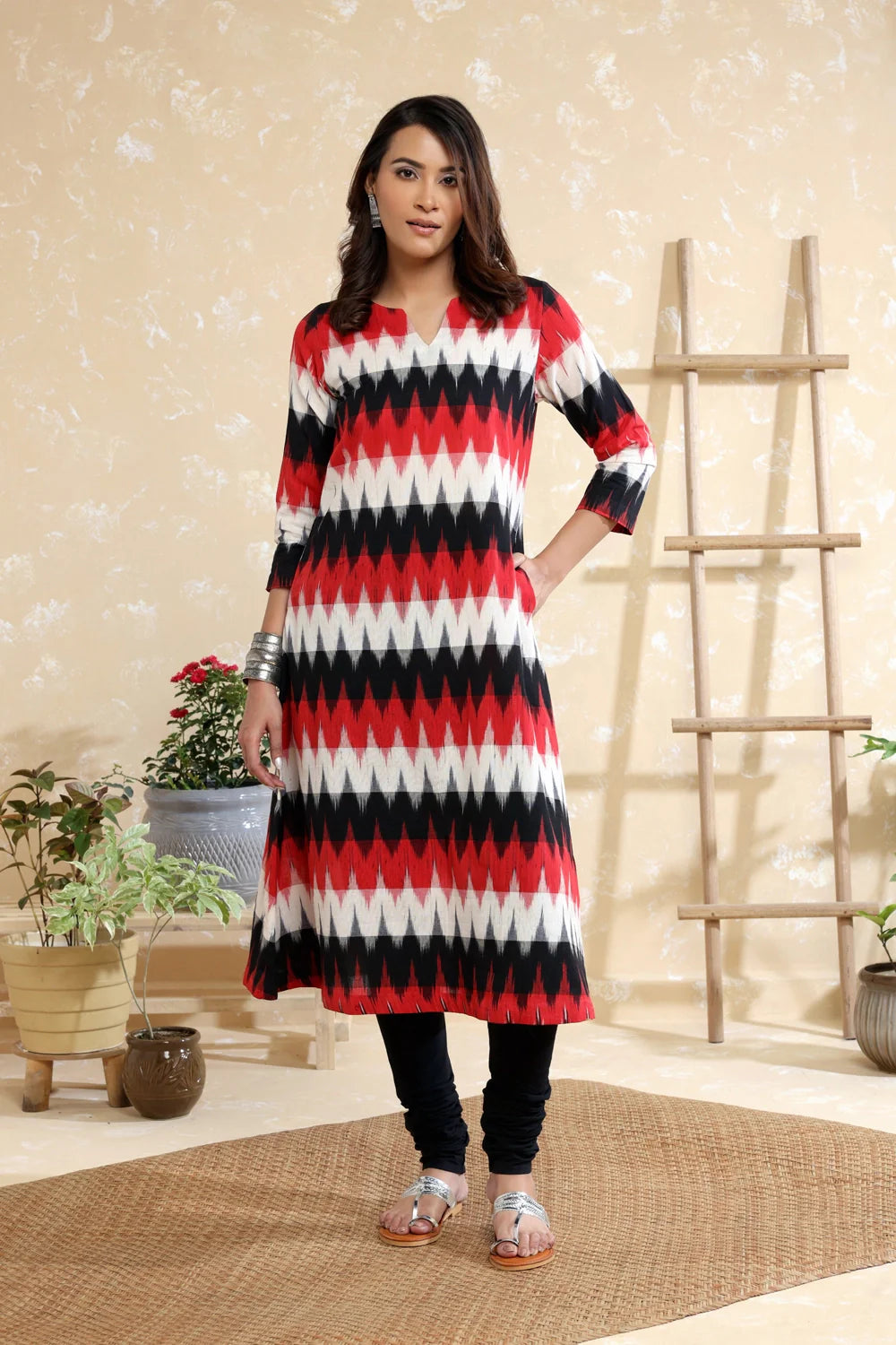 Handwoven Black Multicolour Pure Cotton Ikkat Kurta Set with Traditional Motifs