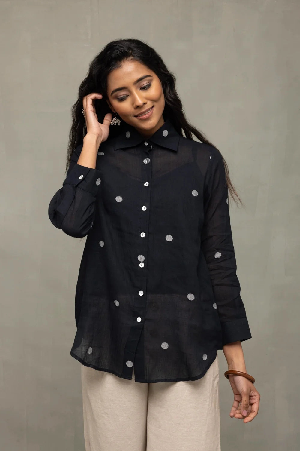 Handwoven Black Polka Dot Jamdani Shirt for Casual Everyday Wear