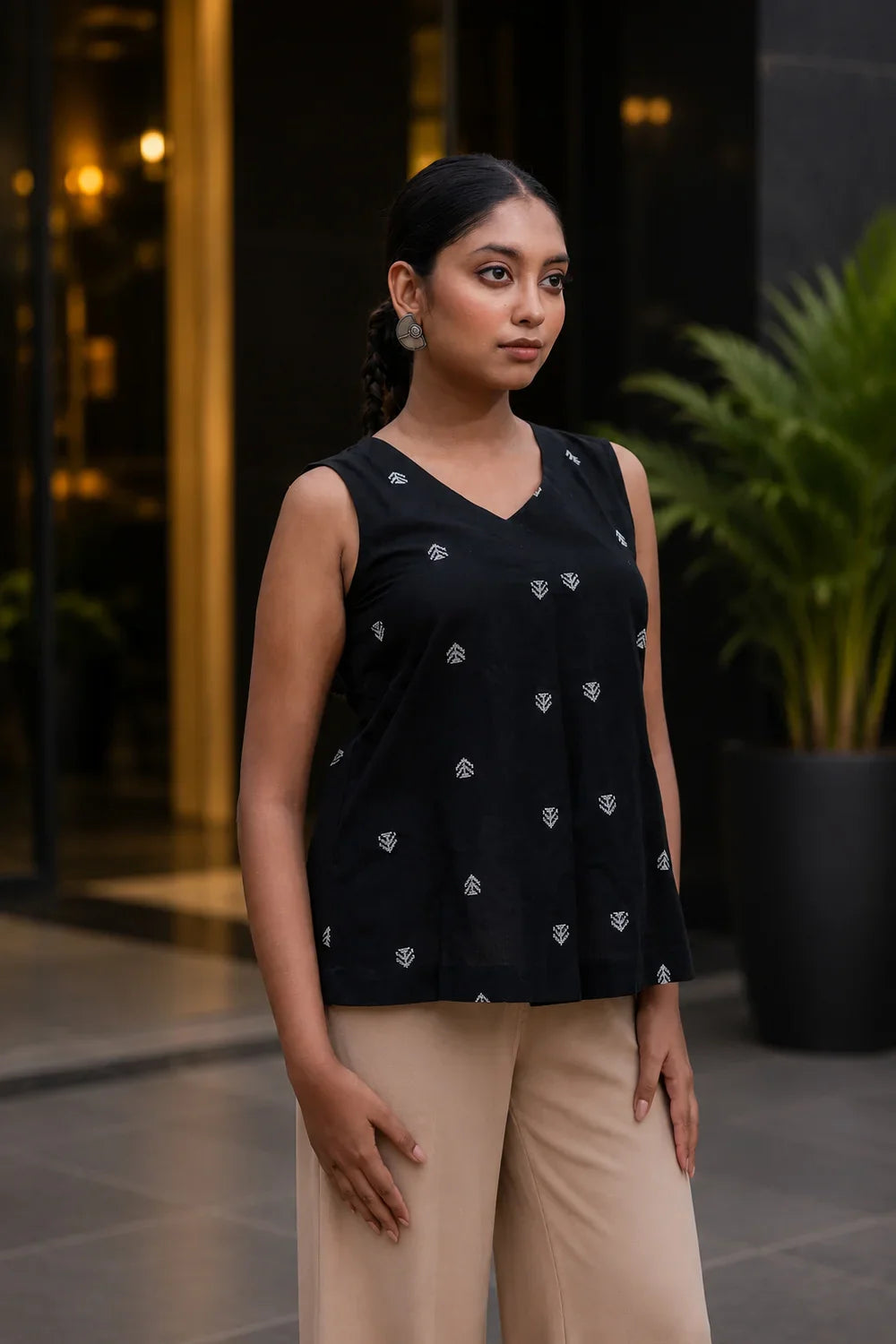 Handwoven Black and White Cotton Woven Top for Casual Everyday Wear