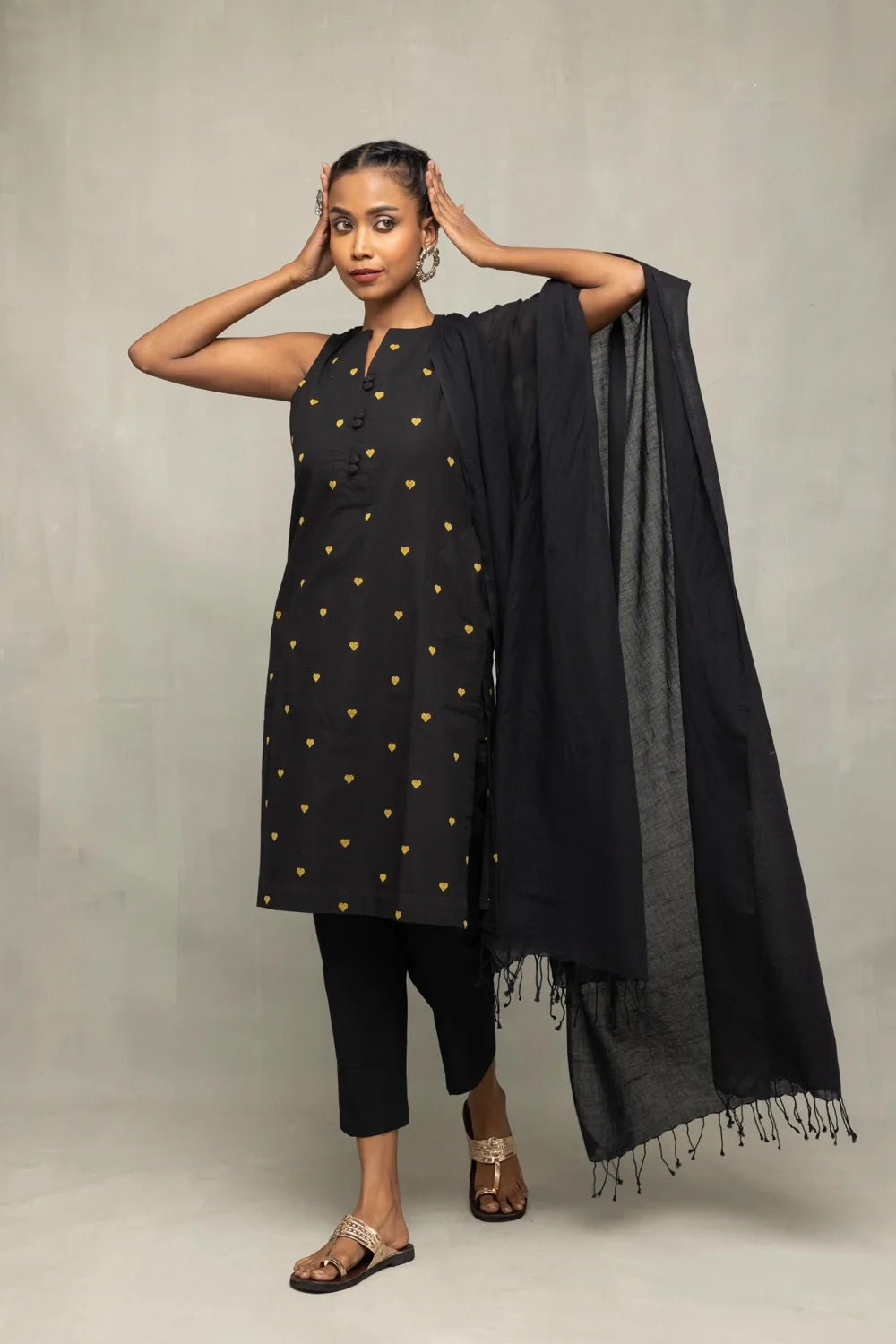 Handwoven Black Yellow Hearts South Cotton Kurta Set with Dupatta