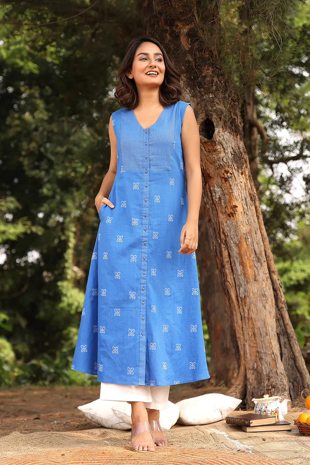 Handwoven Blue Butterfly Pure Cotton Kurta with White Malai Cotton Pant Set