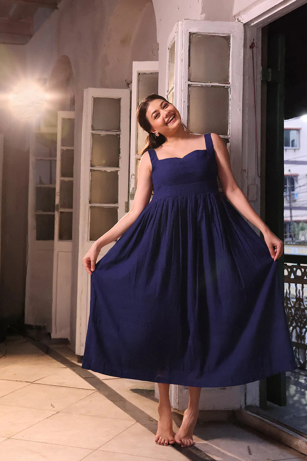 Handwoven Blue Dusk Cotton Jamdani Dress with Traditional Motifs