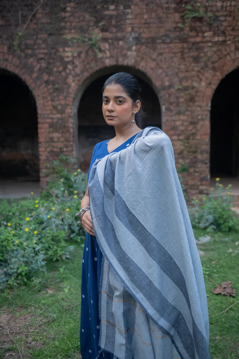 Handwoven Blue Pure South Cotton Kurta Set with Traditional Weave and Dupatta