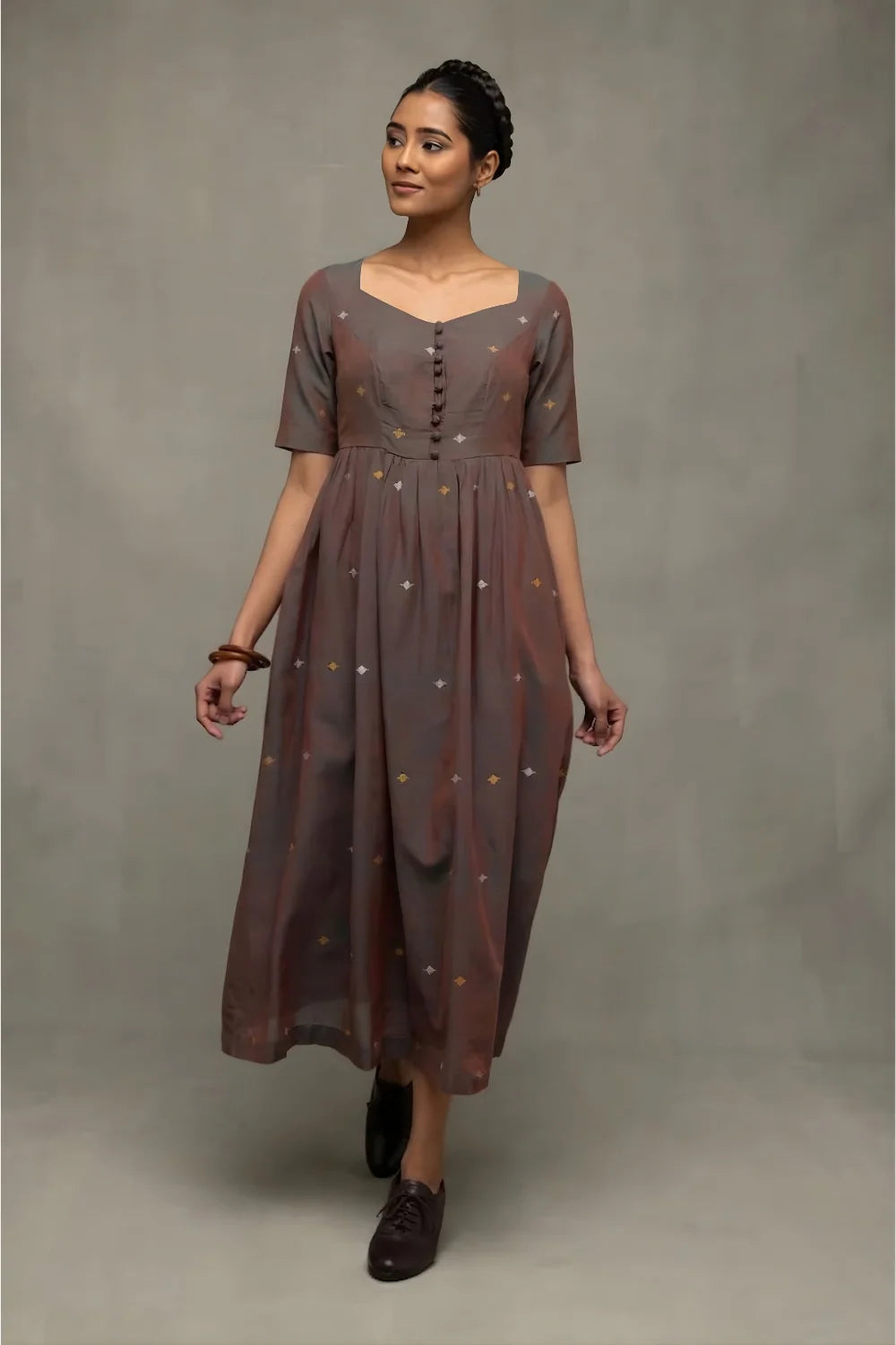 Brown Duo Tone Jamdani Hand-Woven Midi Dress-Sutra Art of Clothing