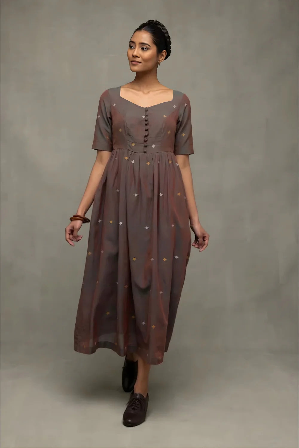 Handwoven Brown Duo Tone Jamdani Midi Dress with Traditional Motifs