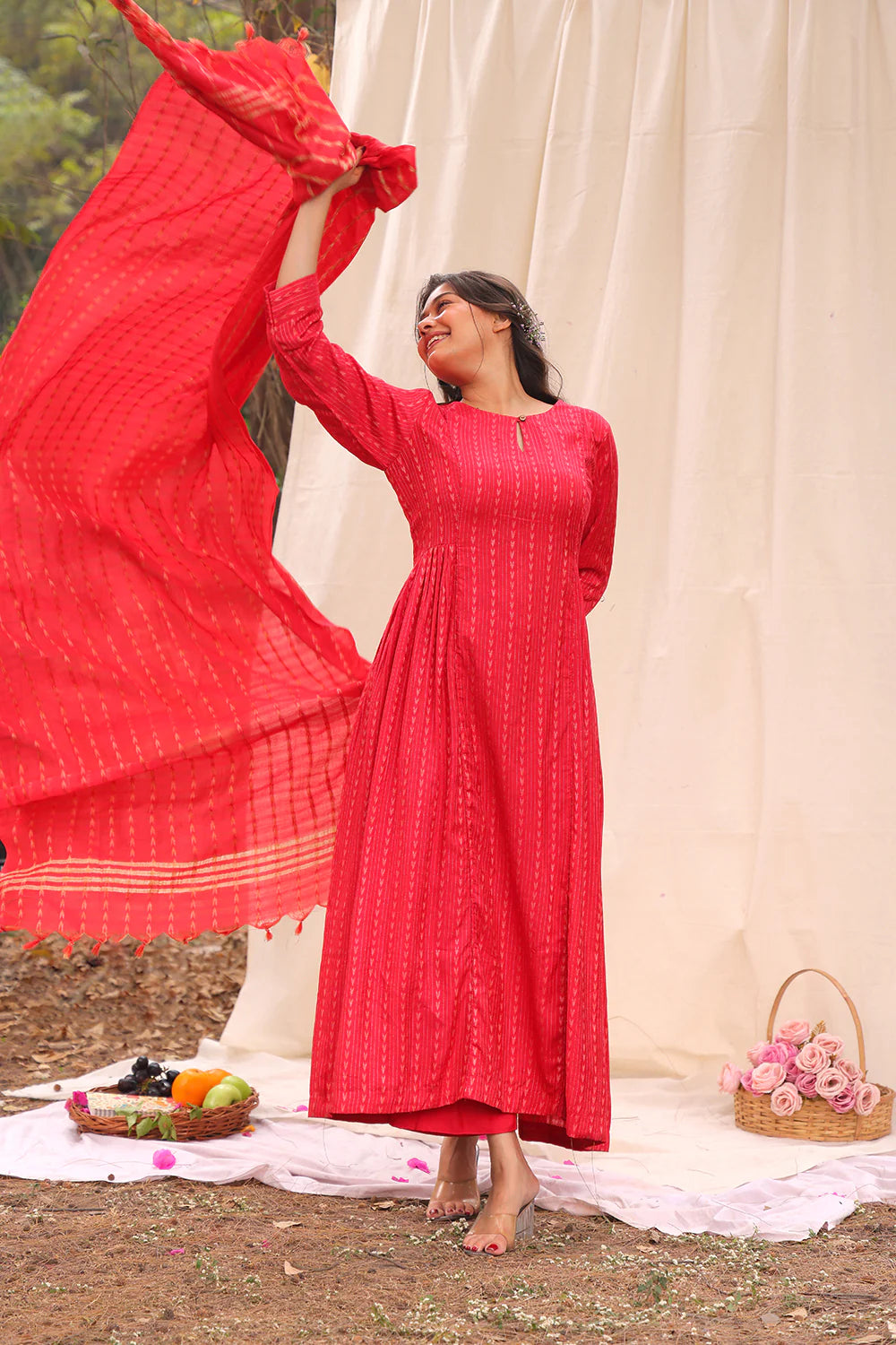 Handwoven Candy Red Cotton Silk Kurta Set with Traditional Weave and Dupatta