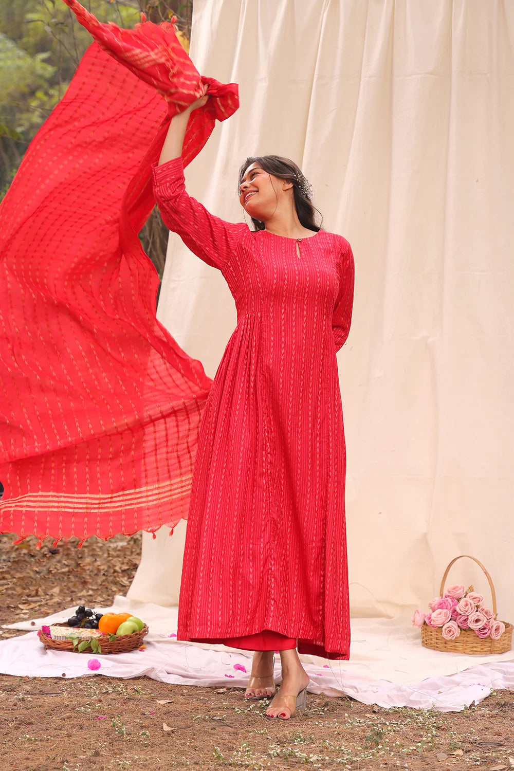 Candy Red Soft Cotton Silk Woven Kurta Set With Dupatta-Sutra Art of Clothing