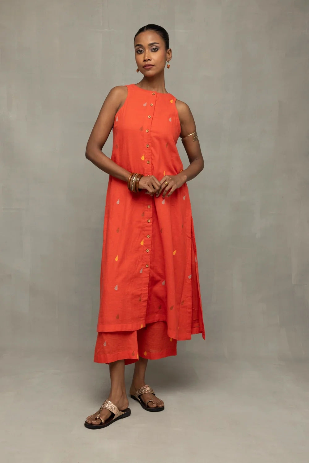Handwoven Coral Jamdani A-Line Co-ord Set with Traditional Motifs