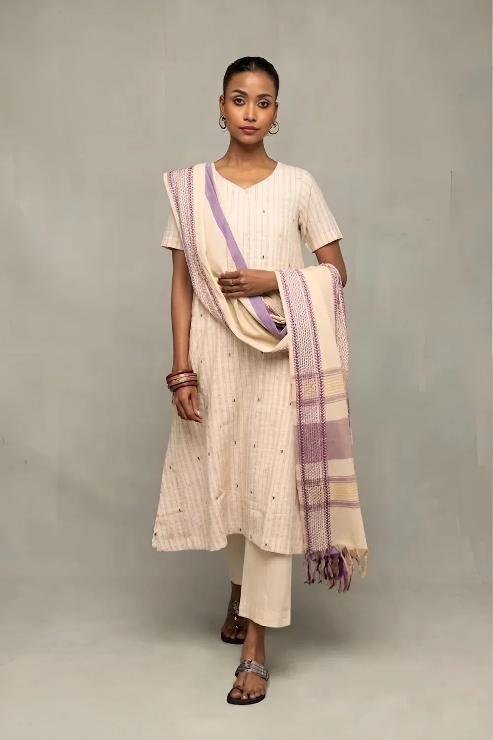 Handwoven Cream and Mauve South Cotton Zari Kurta Set with Traditional Motifs