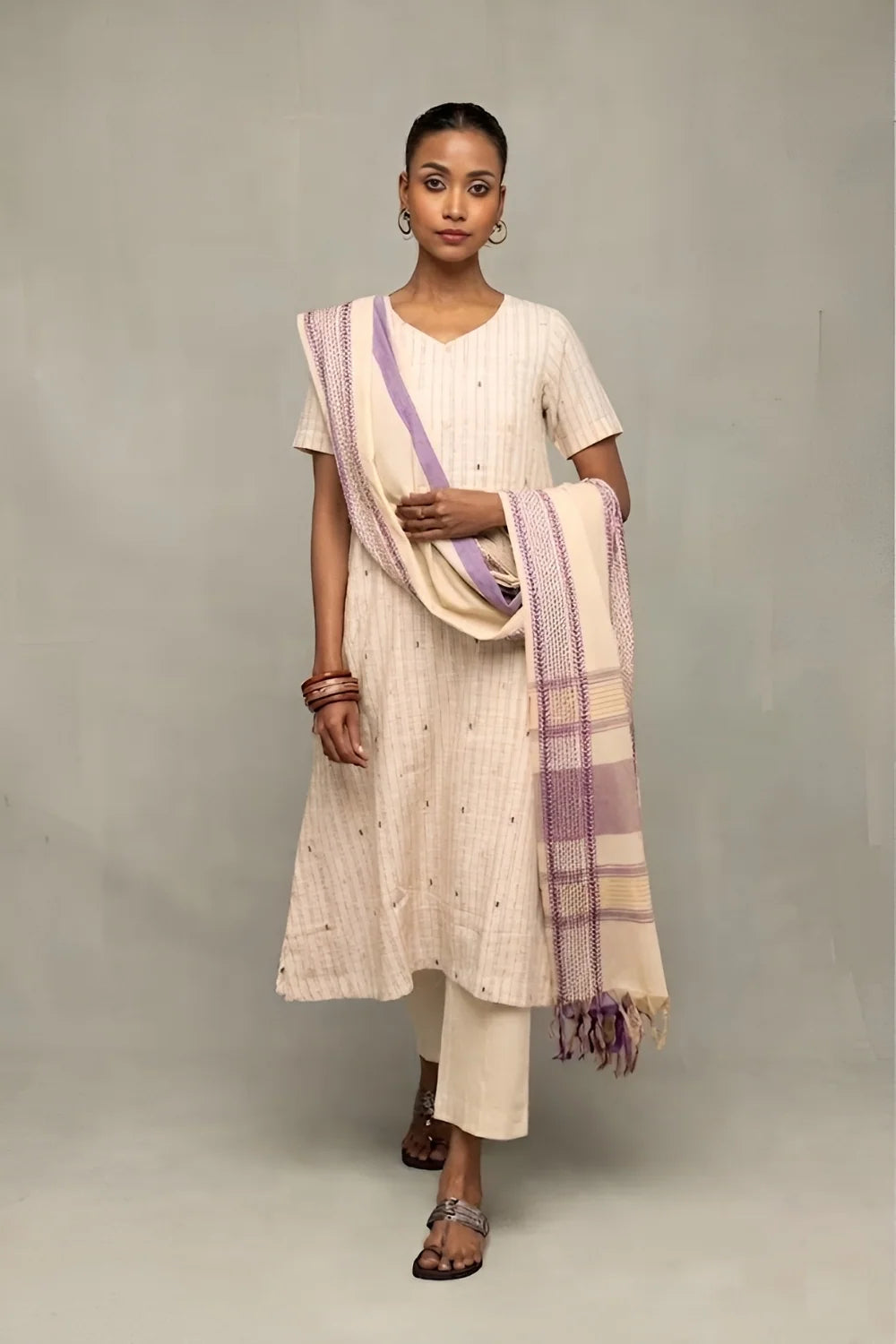 Cream and Mauve South Cotton Zari Kurta Set with Dupatta