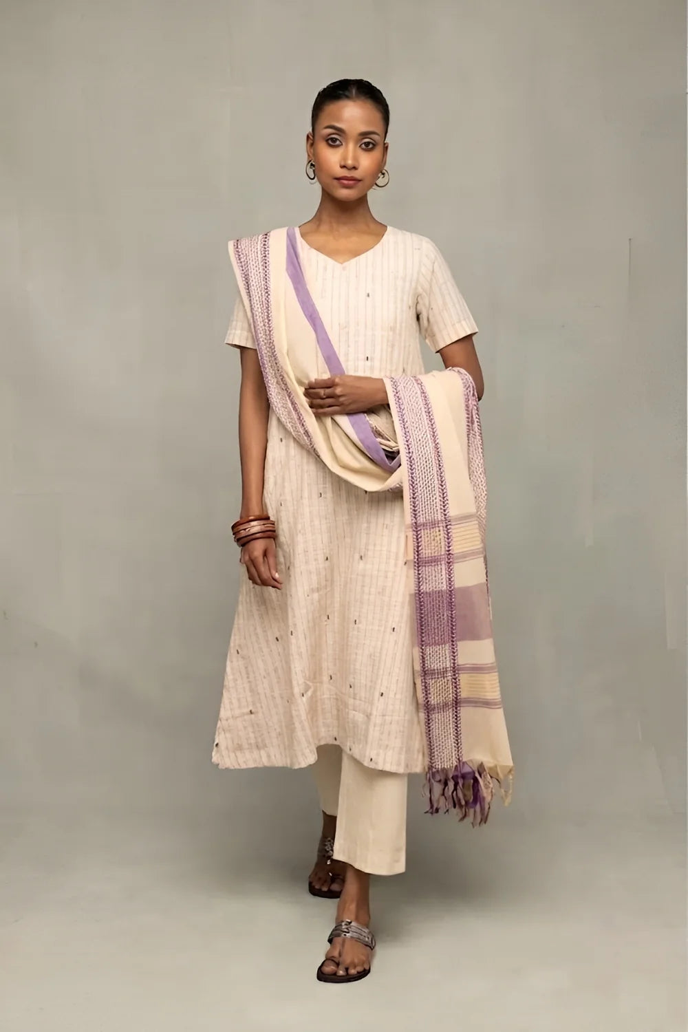 Handwoven Cream and Mauve South Cotton Zari Kurta Set with Traditional Motifs