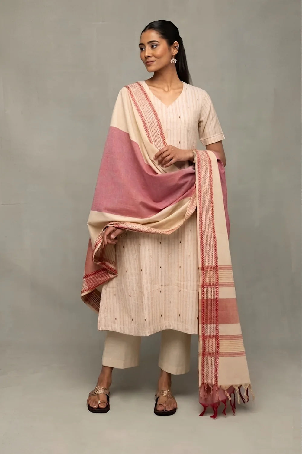 Handwoven Cream and Pink South Cotton Zari Kurta Set with Traditional Motifs