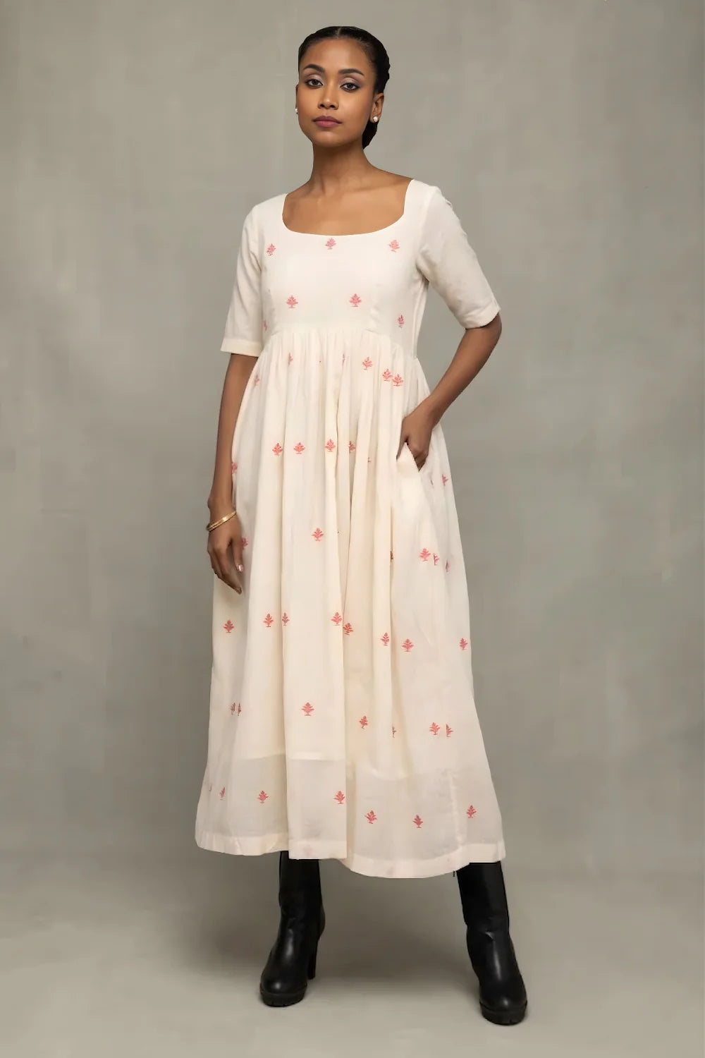 Handwoven Cream and Red Dheki Pure Cotton Jamdani Dress with Traditional Motifs