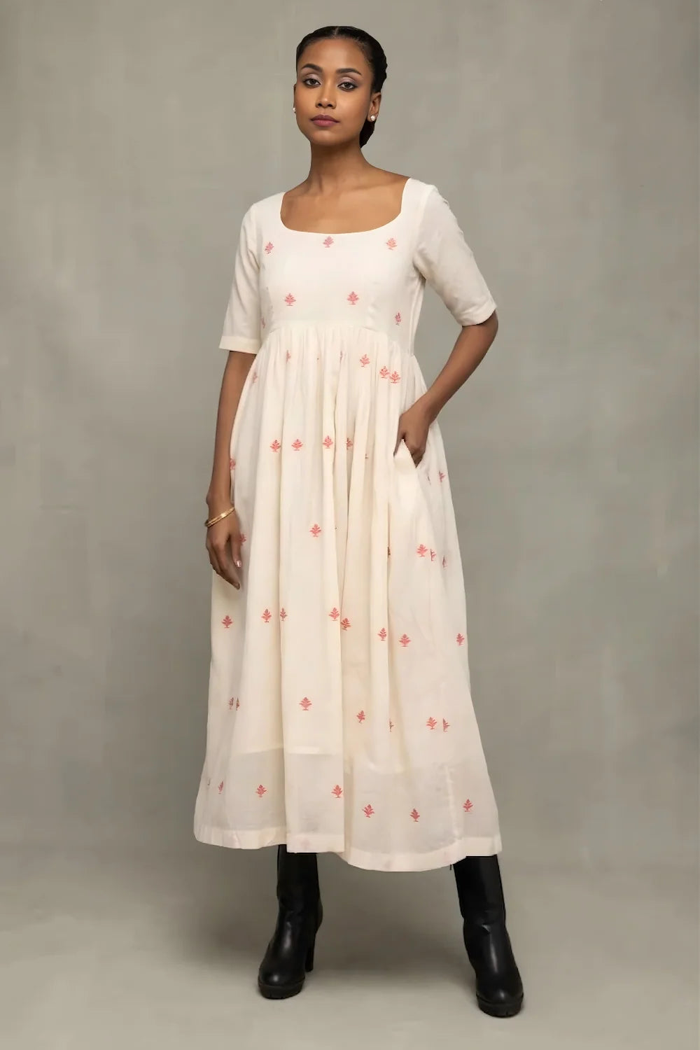 Cream Red Dheki Pure Cotton Jamdani Dress-Sutra Art of Clothing