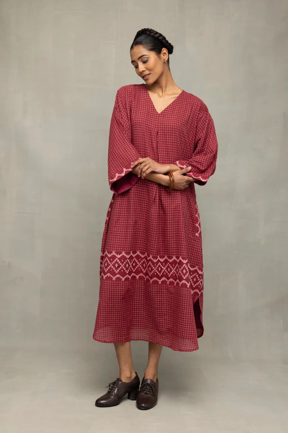 Handwoven Crimson Checkered Jamdani Kaftan Dress with Traditional Motifs