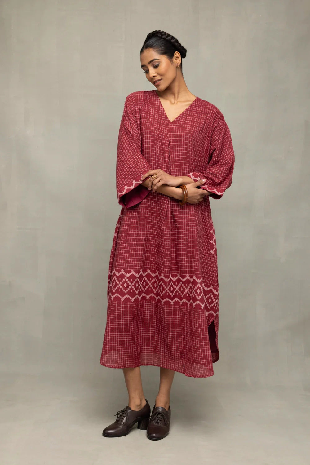 Handwoven Crimson Checkered Jamdani Kaftan Dress with Traditional Motifs