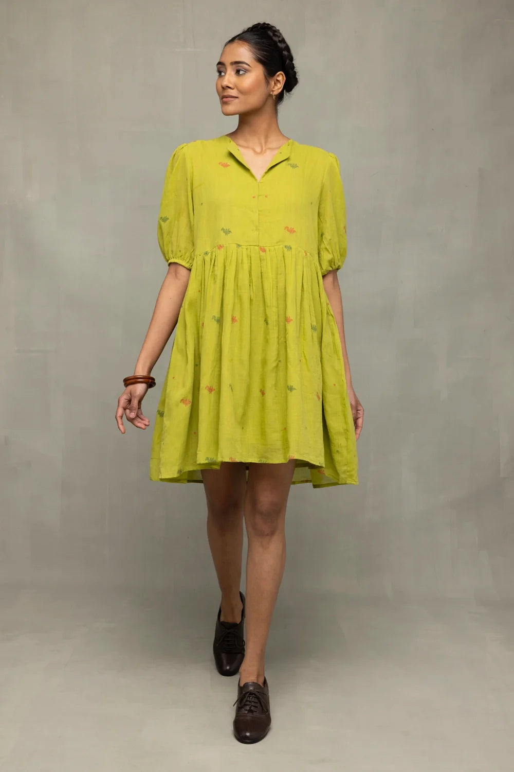 Handwoven Green Pakhi Pure Cotton Jamdani Dress with Traditional Bird Motifs