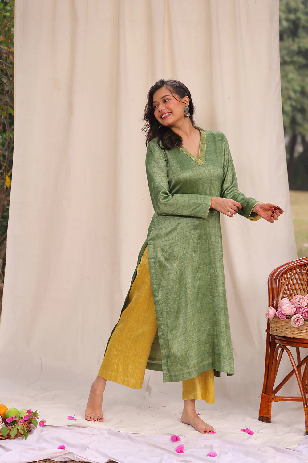Handwoven Green and Yellow Khadi Cotton Co-ord Set with Traditional Weave