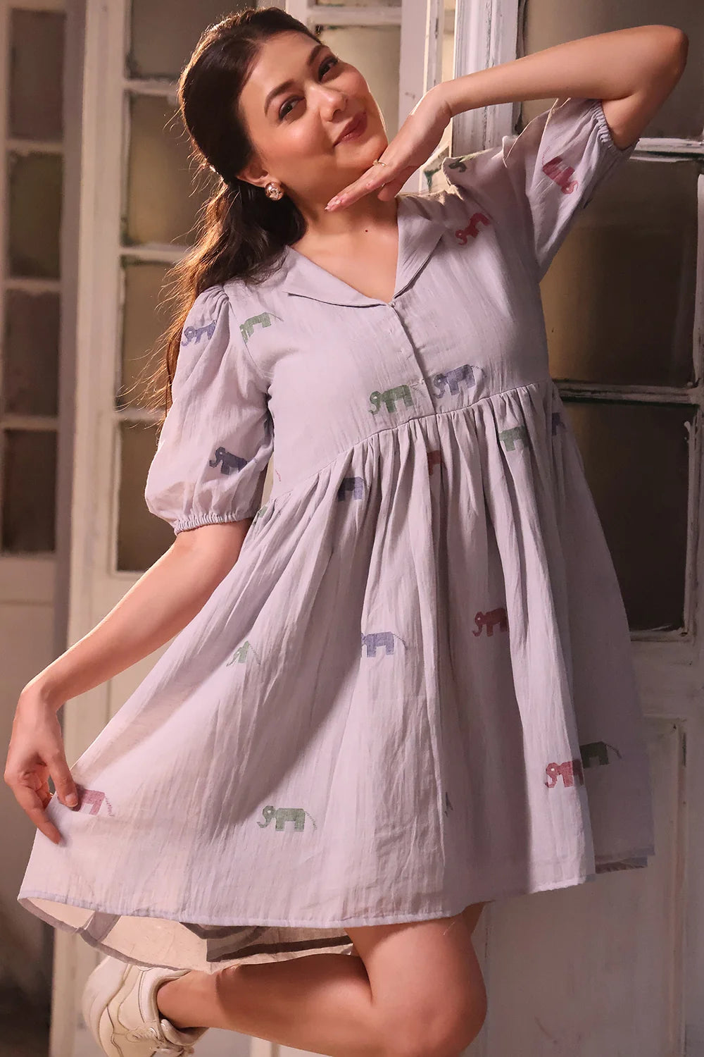 Handwoven Grey Safari Cotton Jamdani Dress with Traditional Motifs