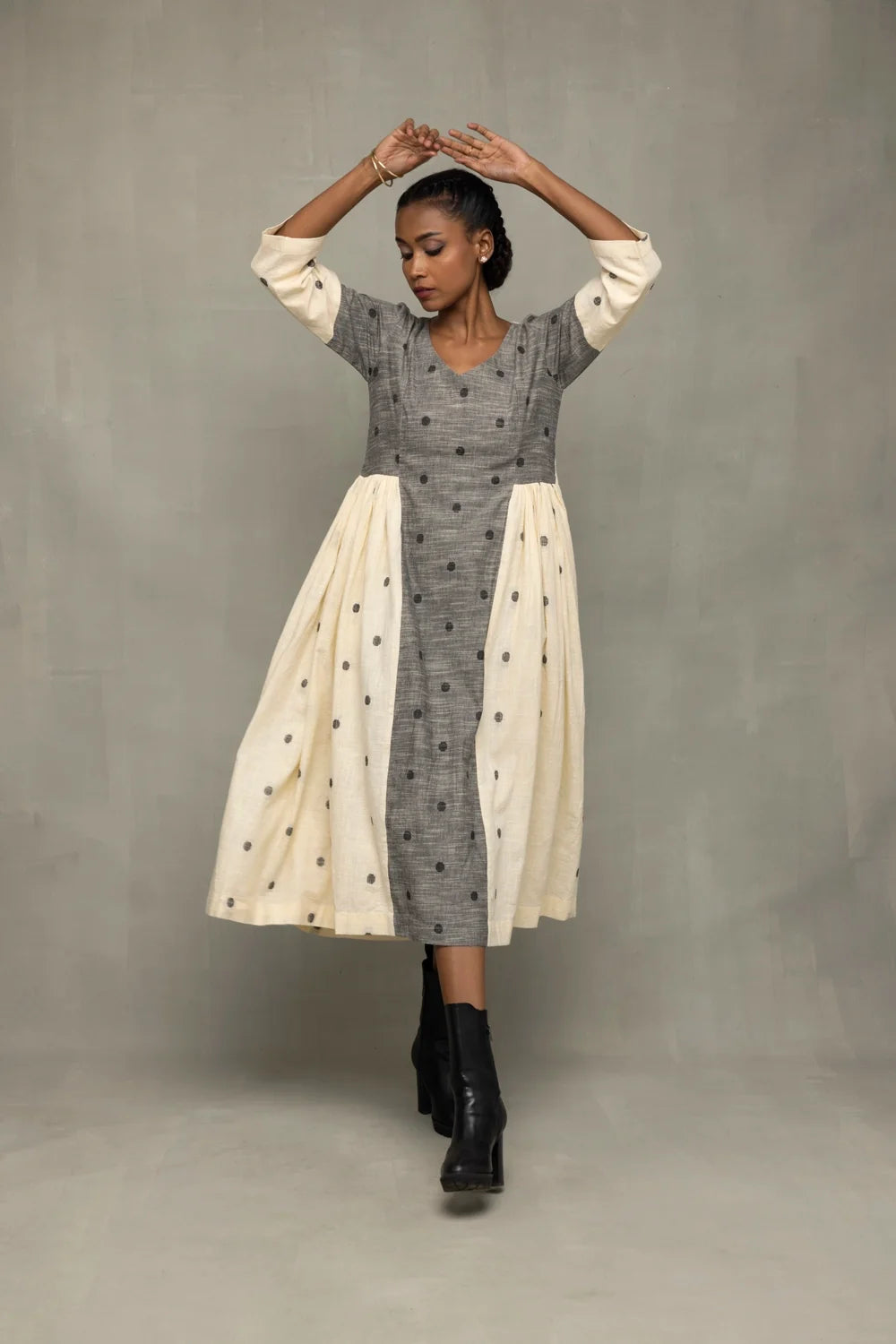 Handwoven Greyscape South Cotton Dress with Traditional Weave