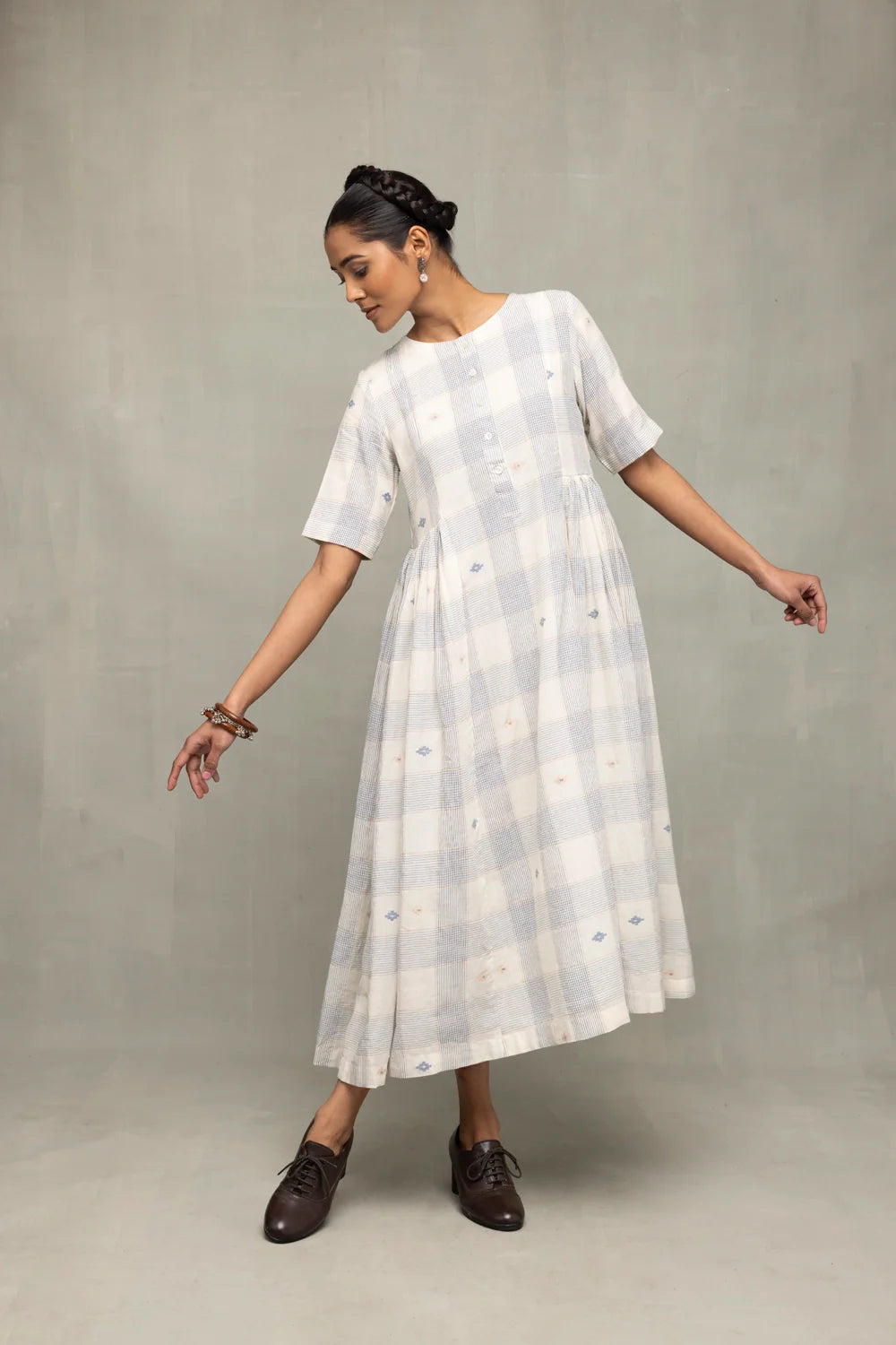 Handwoven Ivory and Blue Checkered Jamdani Dress with Traditional Motifs