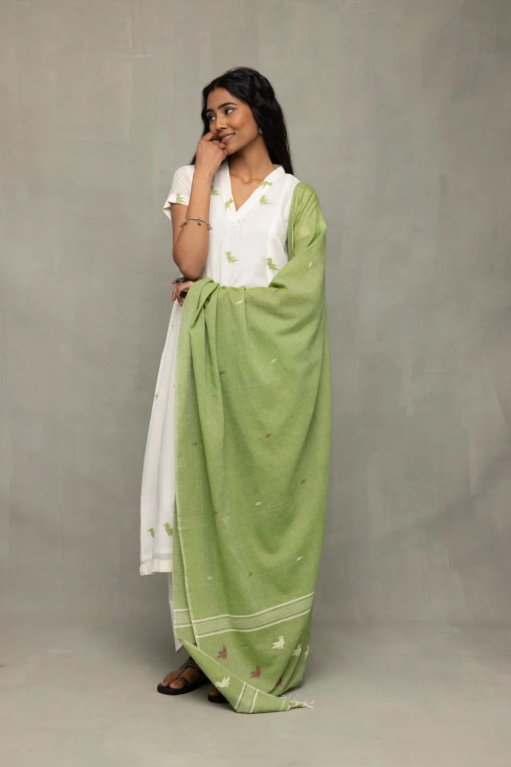 Handwoven Ivory Sage Green Bird Motif Jamdani Kurta Set with Dupatta