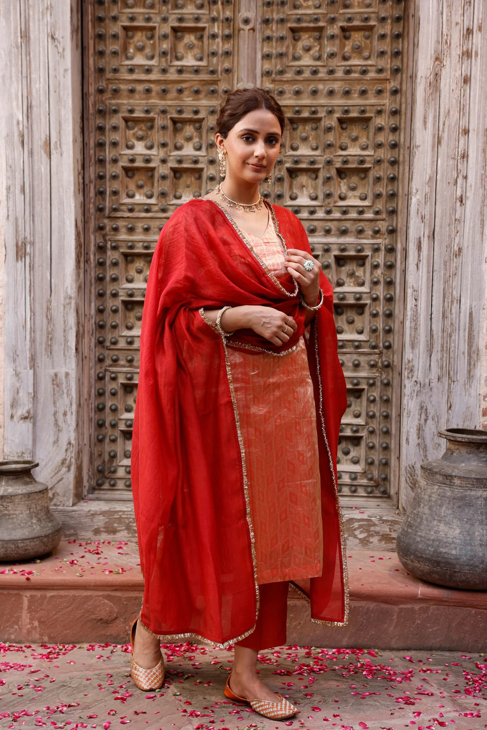 Handwoven Metallic Orange Pure Silk Banarasi Kurta Set with Dupatta for Wedding Wear