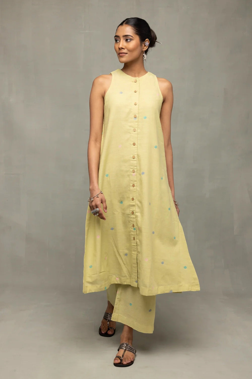 Handwoven Mint Green A-Line Jamdani Co-ord Set with Traditional Motifs