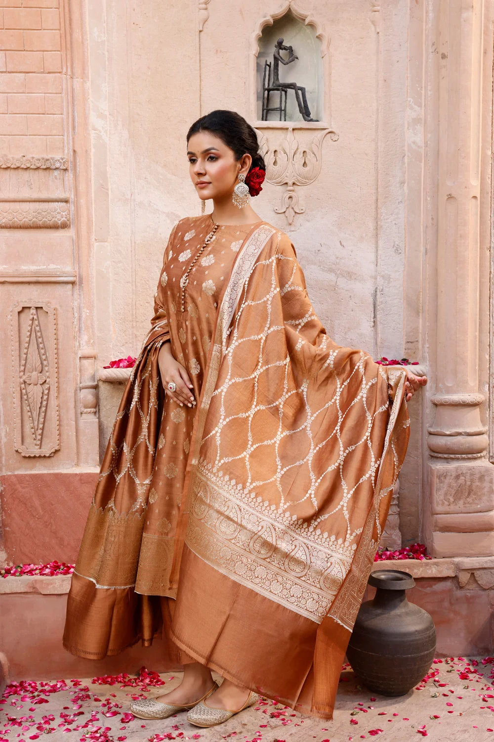 Handwoven Mocha Brown Pure Silk Banarasi Kurta Set with Dupatta for Wedding Wear