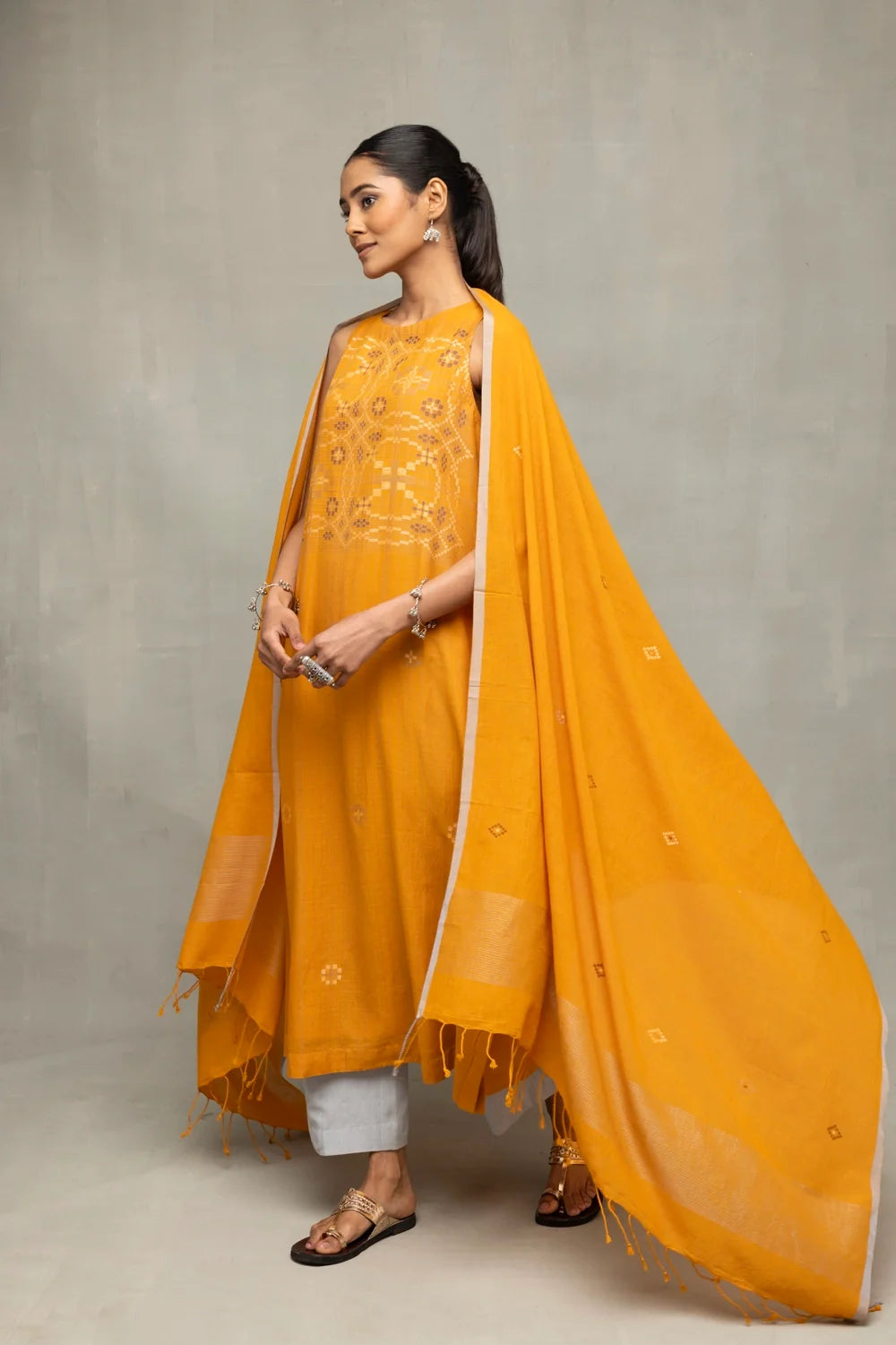 Handwoven Mustard Jamdani Kurta Set with Traditional Motifs and Dupatta