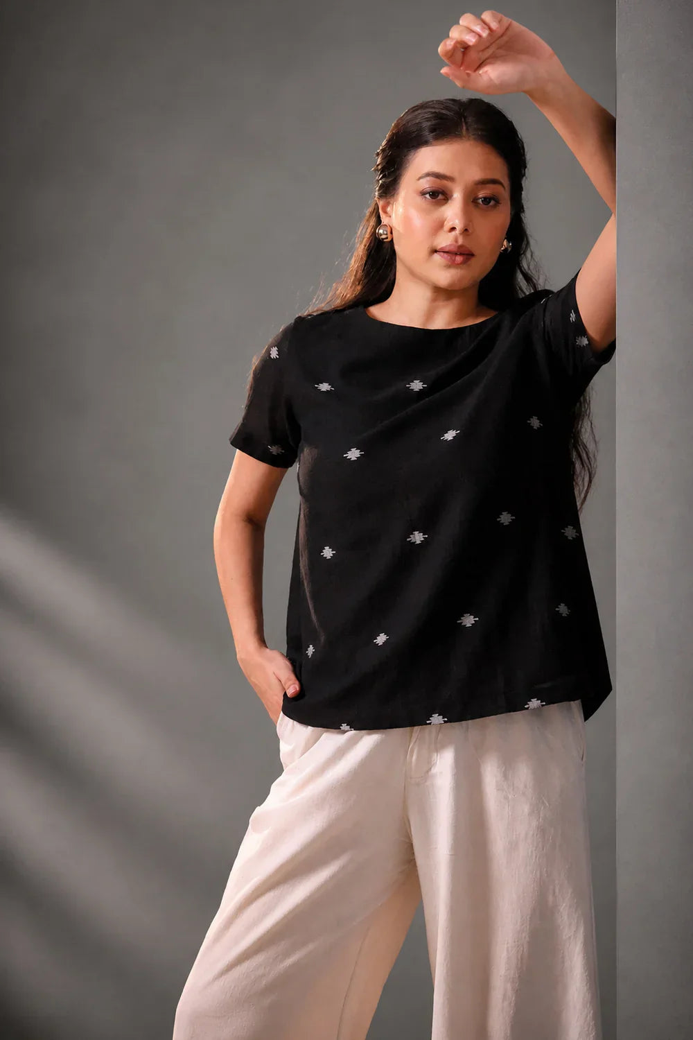 Handwoven Noir Black Jamdani Top for Casual Everyday Wear
