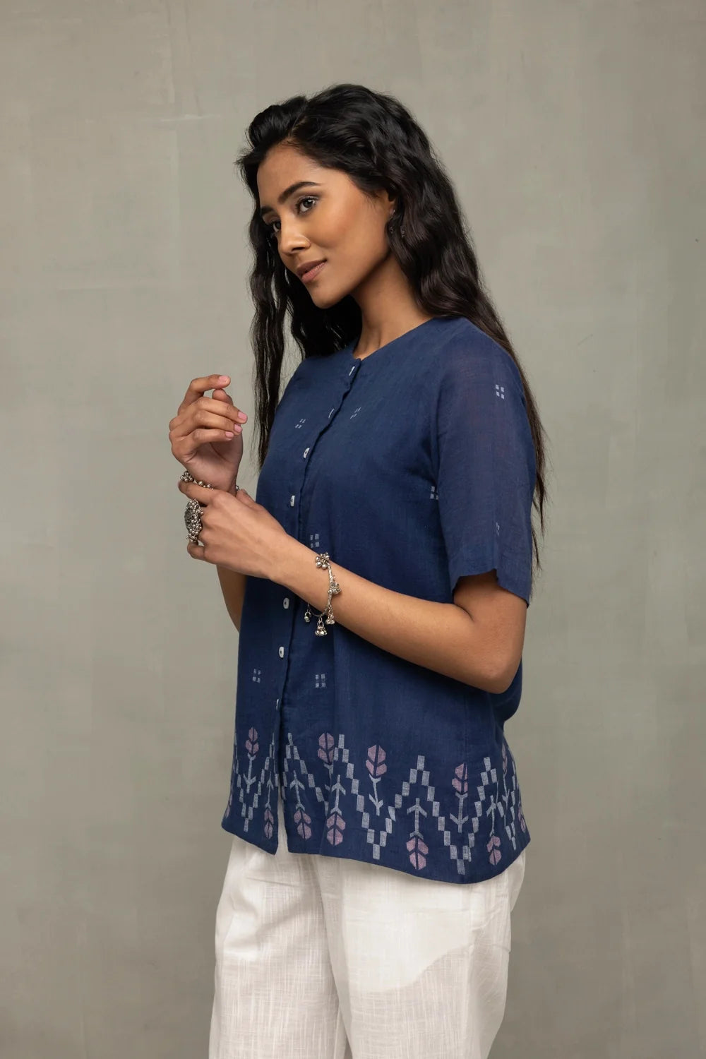 Handwoven Ocean Blue Cotton Jamdani Top for Casual Everyday Wear