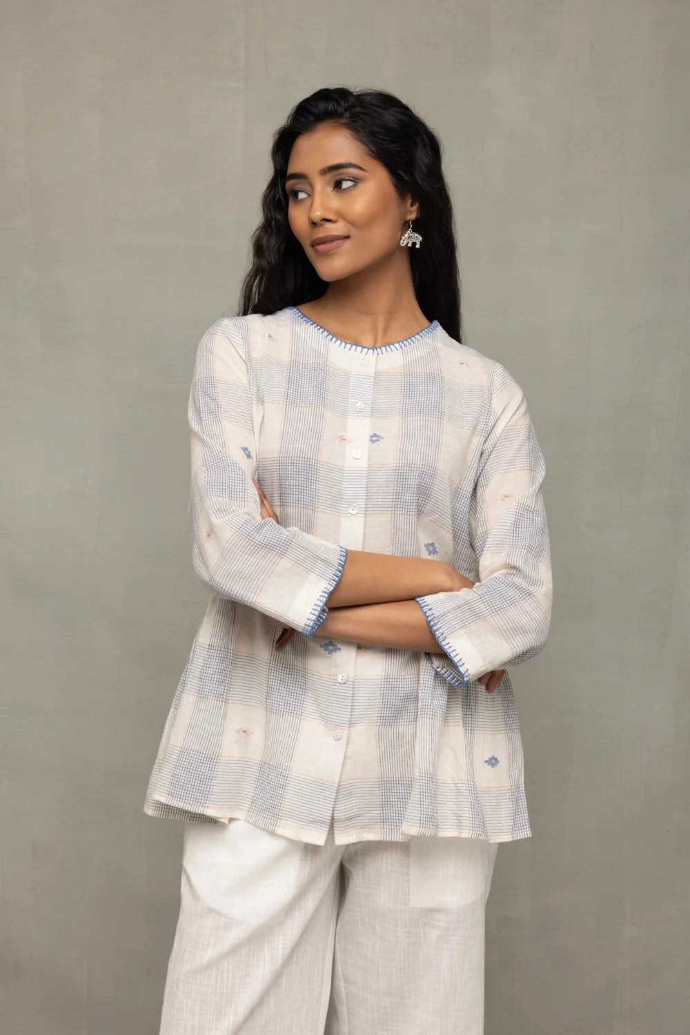 Handwoven Off White Blue Check Jamdani Top with Zari Motifs