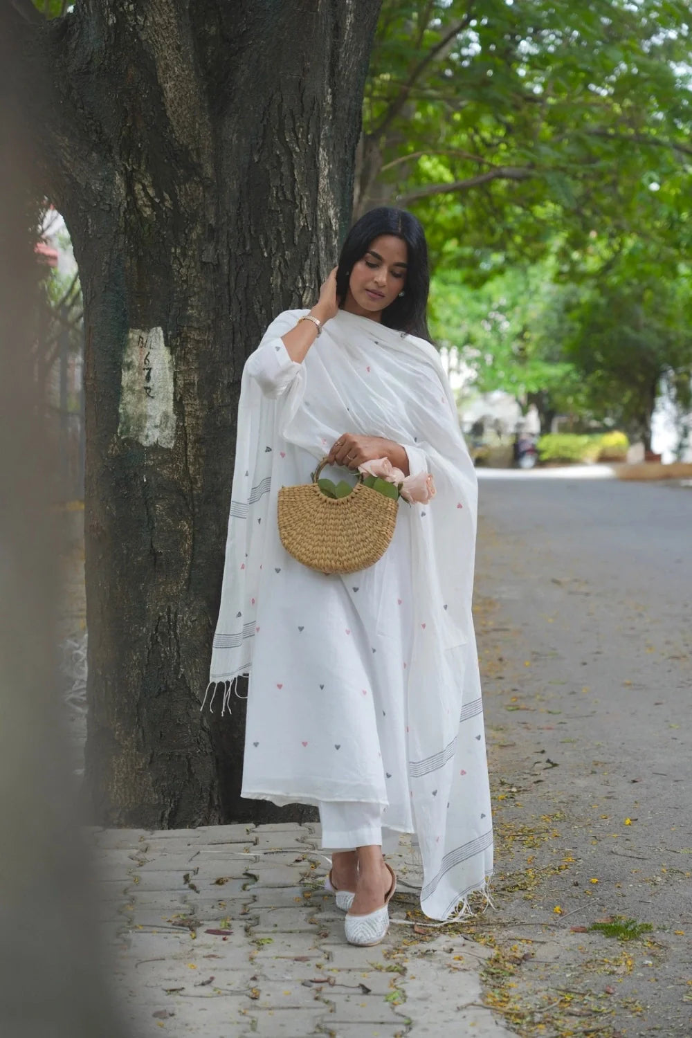 Handwoven Off White Pure Cotton Heart Jamdani Kurta Set with Heart Motifs