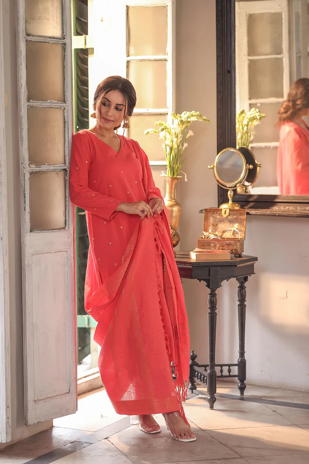 Handwoven Orange South Cotton Zari Kurta Set with Traditional Motifs and Dupatta