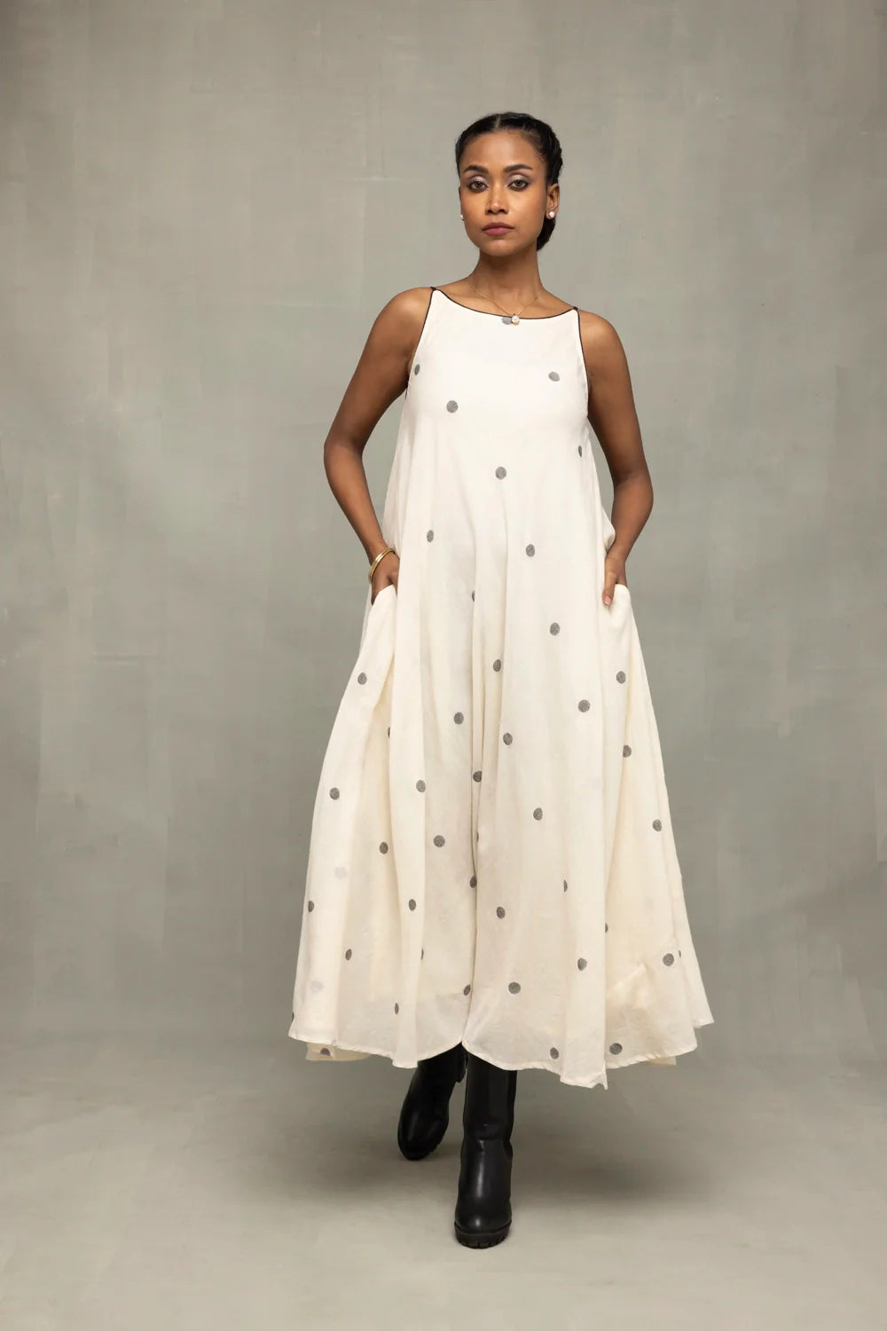 Handwoven Pearl White Trapeze Jamdani Dress with Traditional Motifs