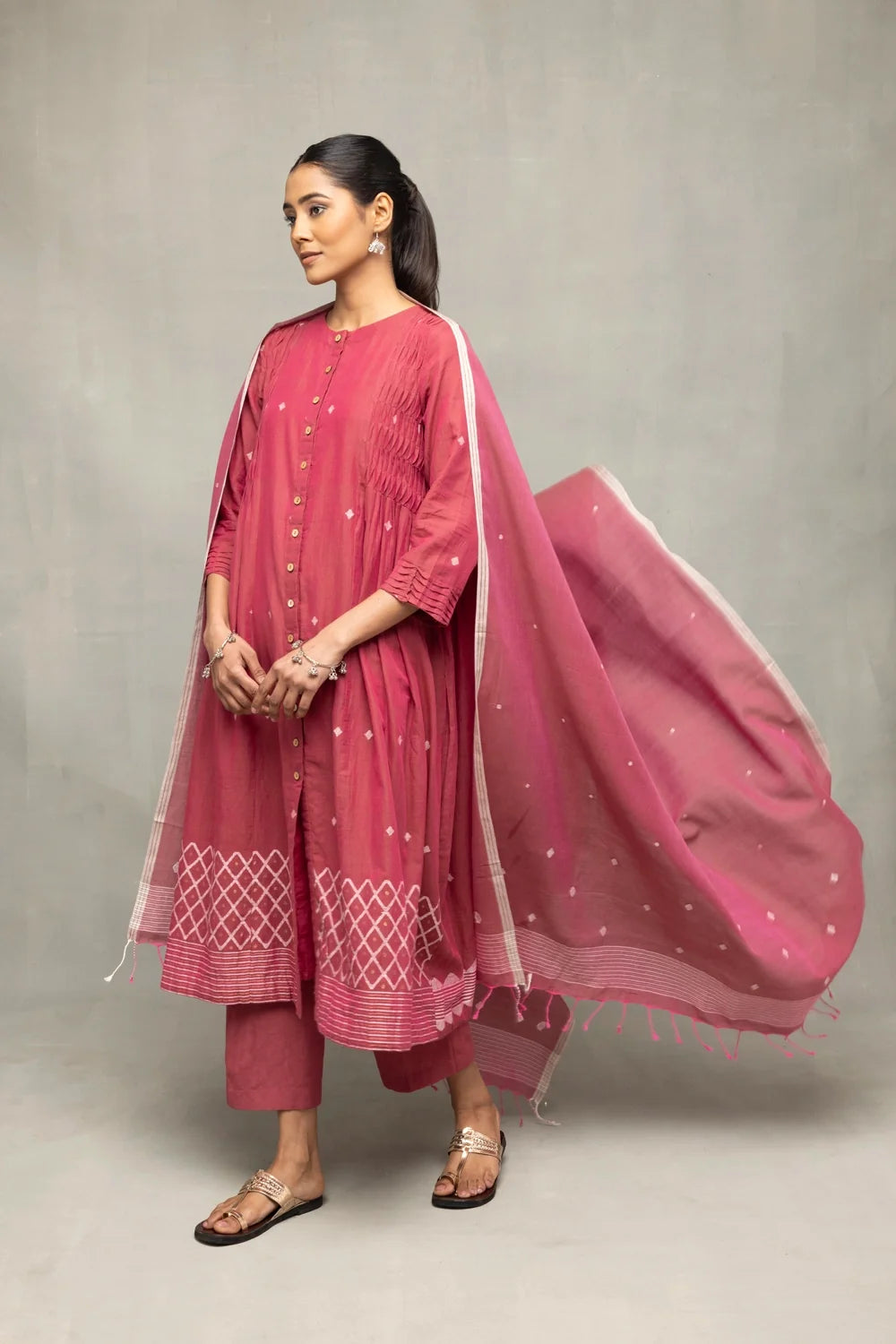 Handwoven Pink Pure Cotton Jamdani Kurta Set with Traditional Motifs and Dupatta