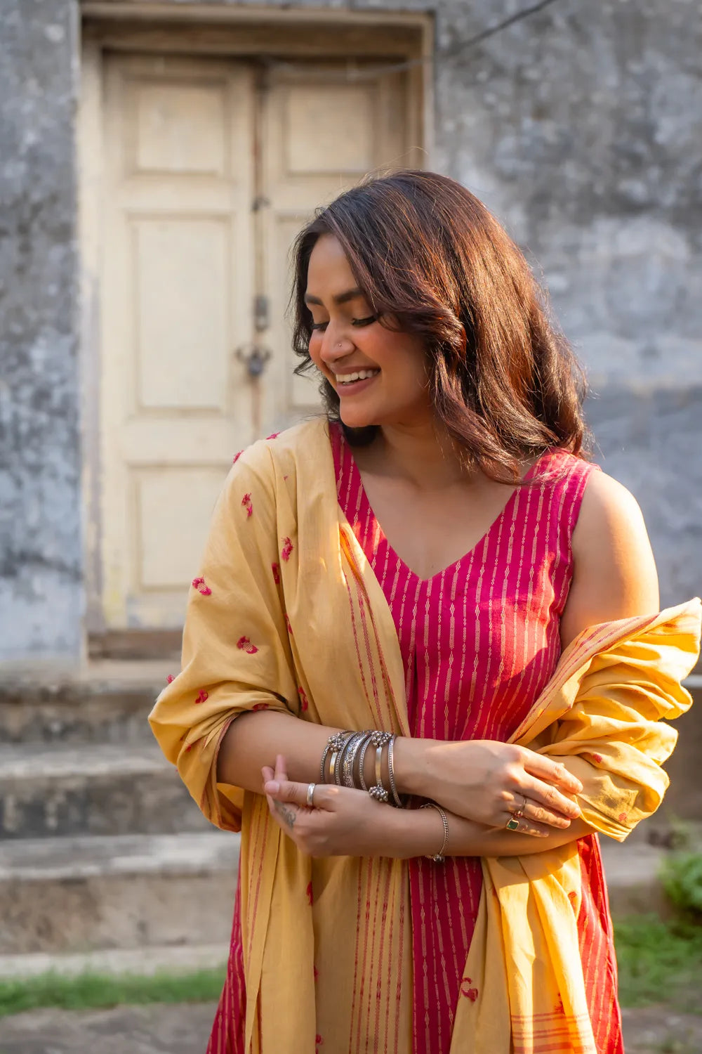 Pink Pure South Cotton Woven Kurta Set with Dupatta-Sutra Art of Clothing