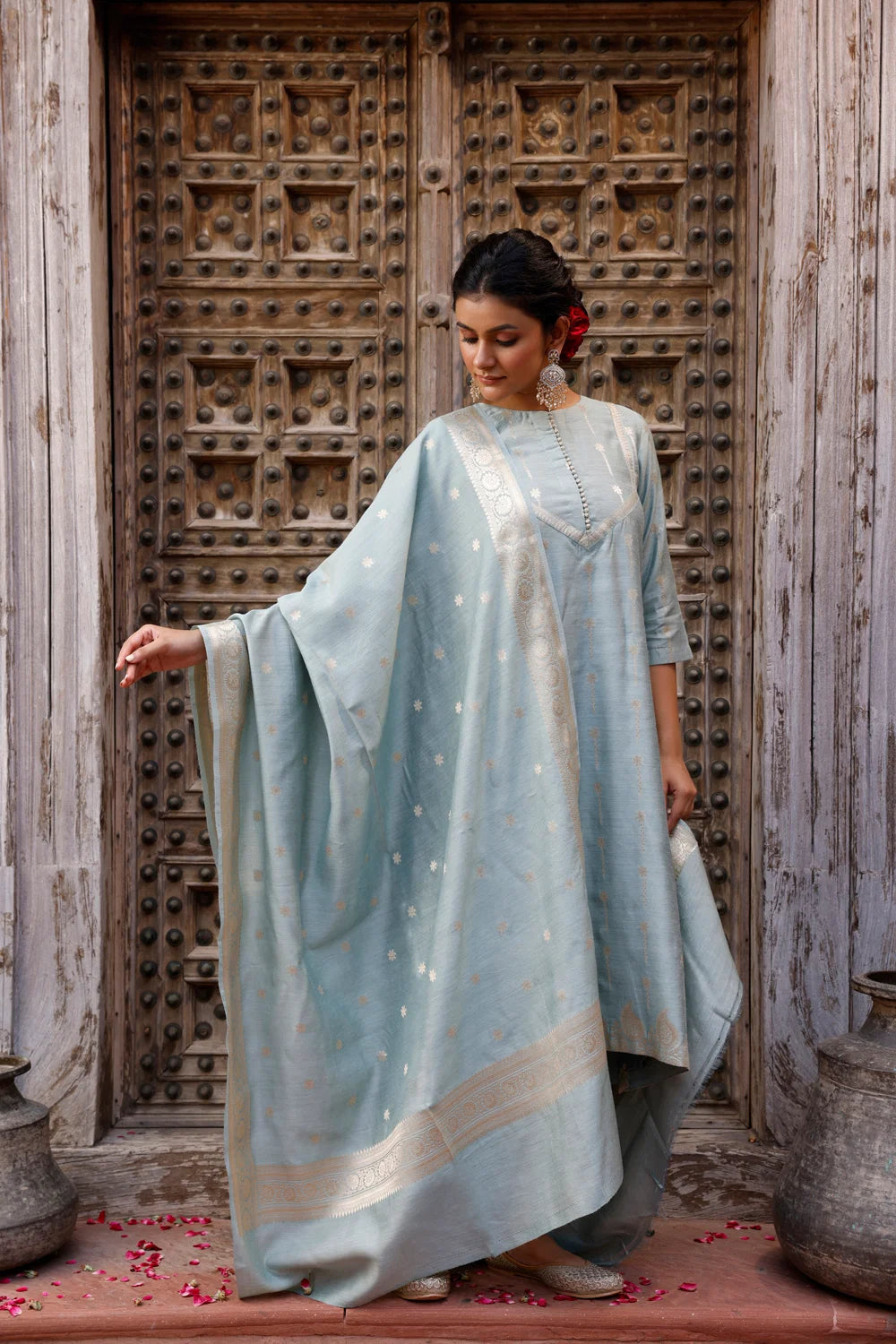 Handwoven Powder Blue Pure Silk Banarasi Kurta Set with Dupatta for Wedding Wear