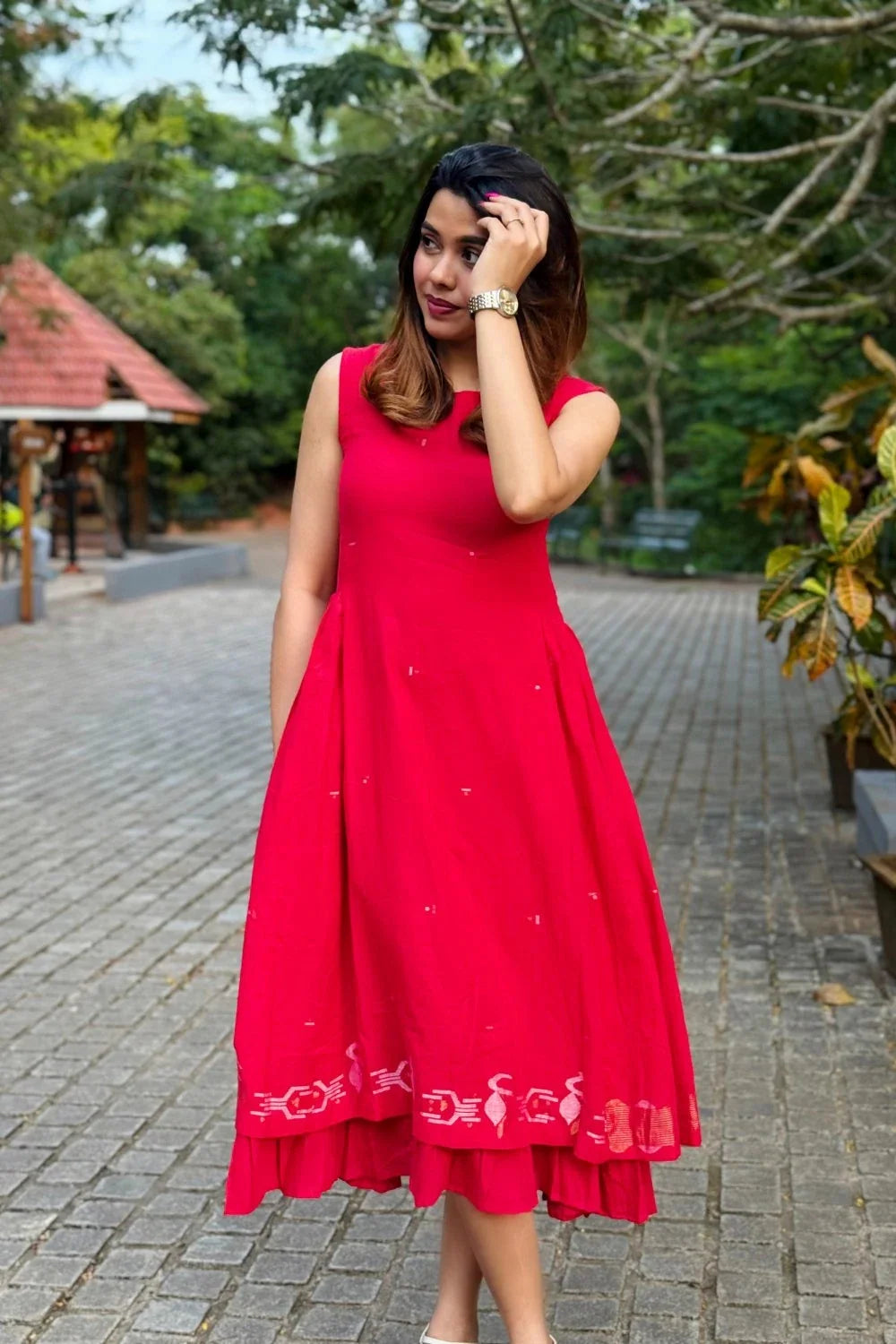 Radiance Red Layered Jamdani Dress-Sutra Art of Clothing