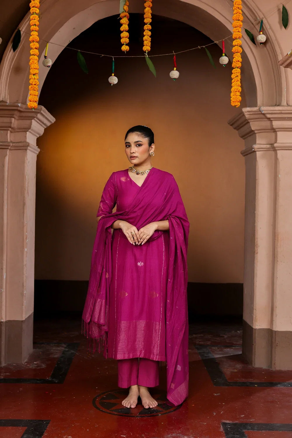 Handwoven Rani Pink Zari Jamdani Kurta Set with Traditional Motifs and Dupatta