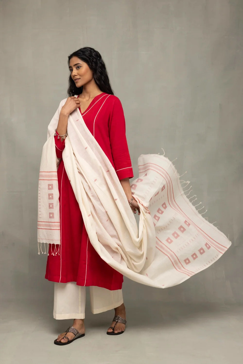 Handwoven Red and White Jamdani Kurta Set with Dupatta for Pujo Festivities