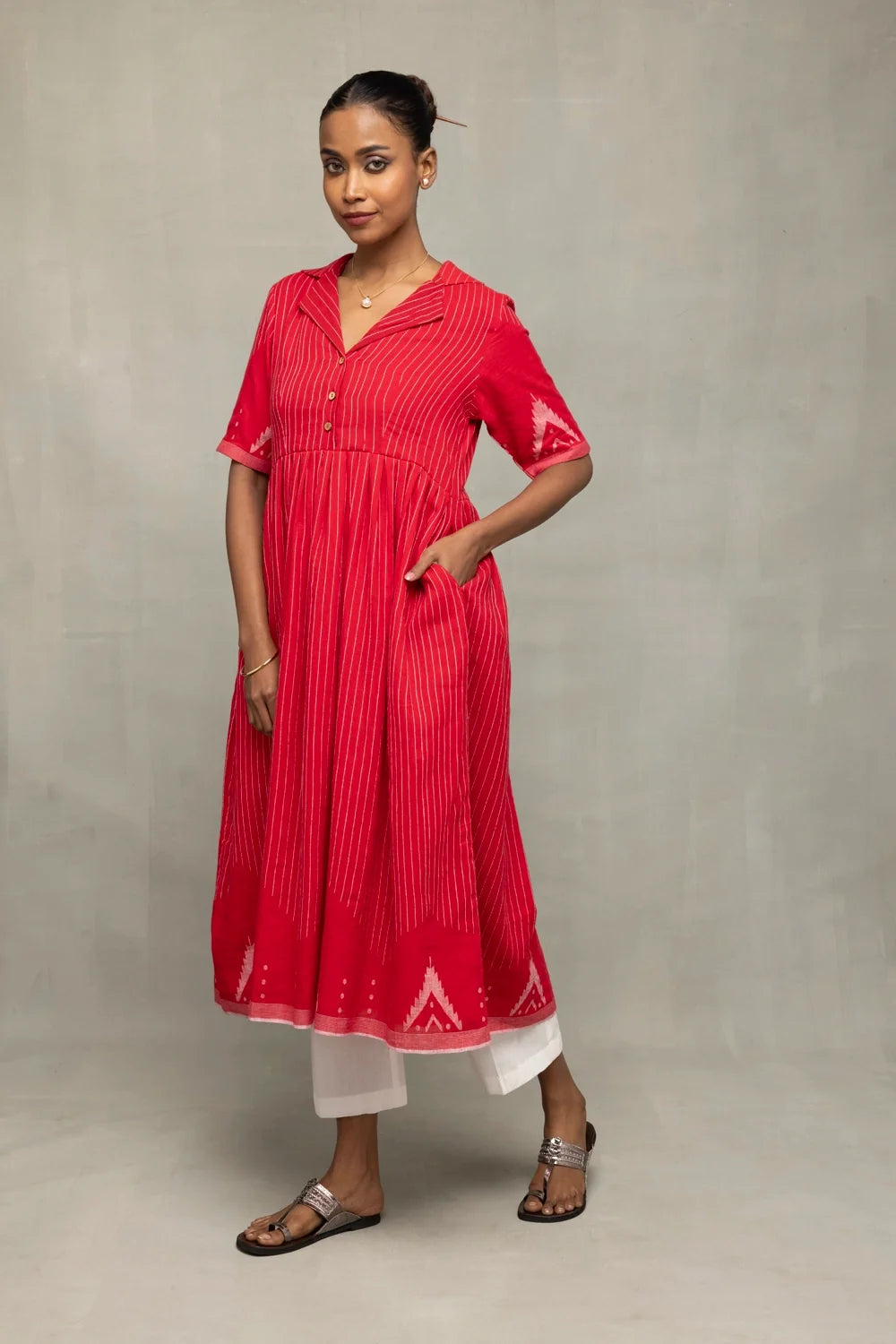 Handwoven Red and White Temple Jamdani Kurta Set for Pujo Festivities