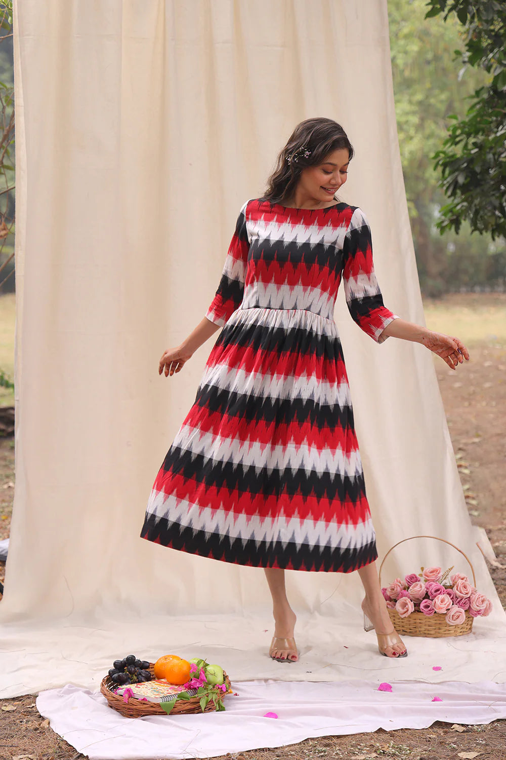 Handwoven Rhythmic Black Ikkat Cotton Dress with Traditional Pattern