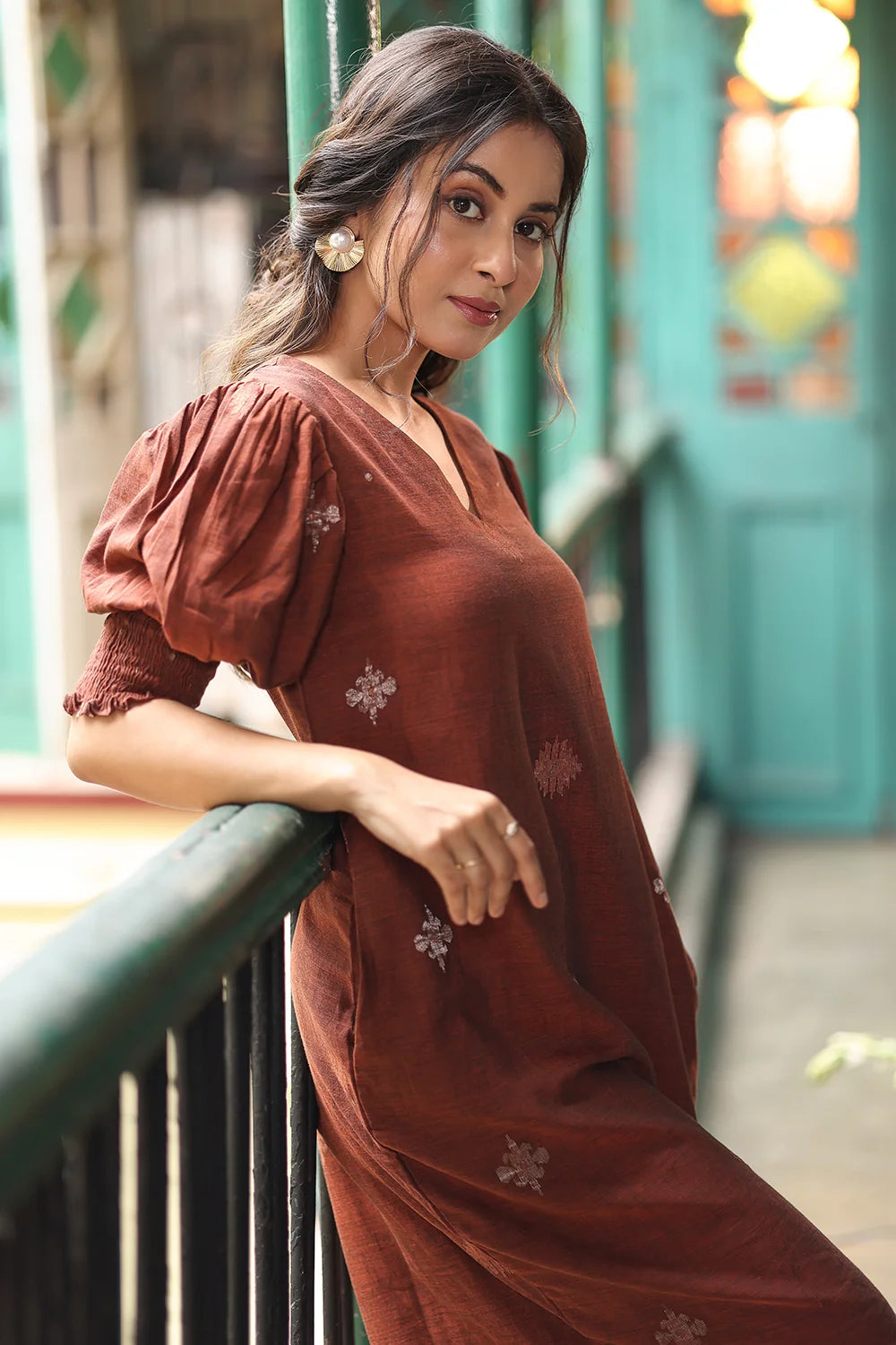 Handwoven Rust Radiance Jamdani Dress with Traditional Motifs
