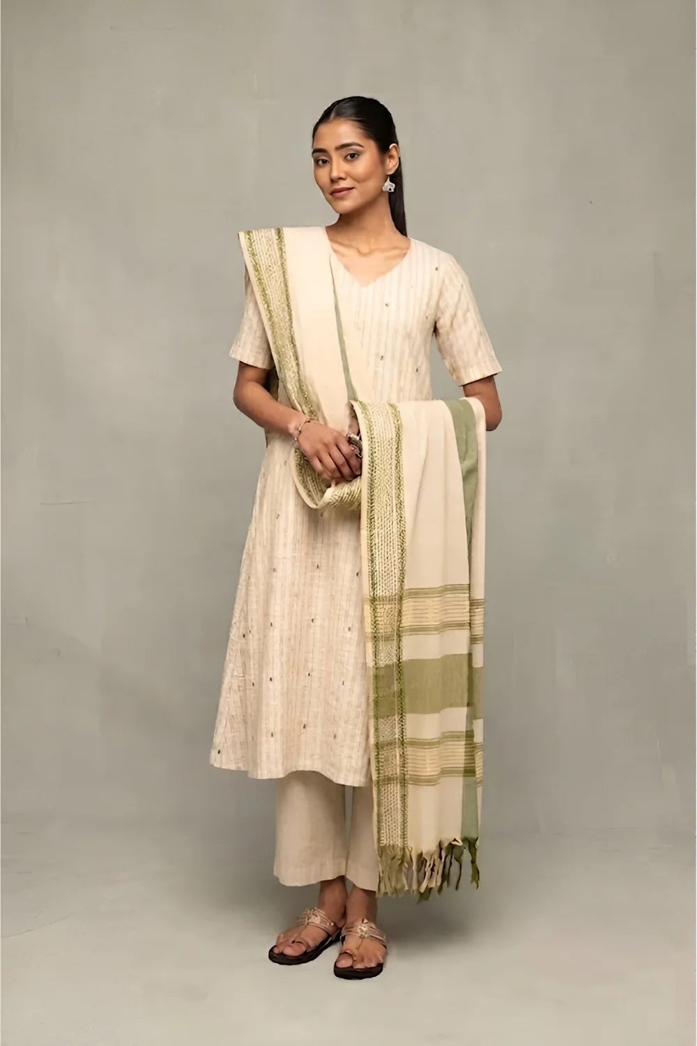 Handwoven Sage Green South Cotton Zari Kurta Set with Traditional Motifs