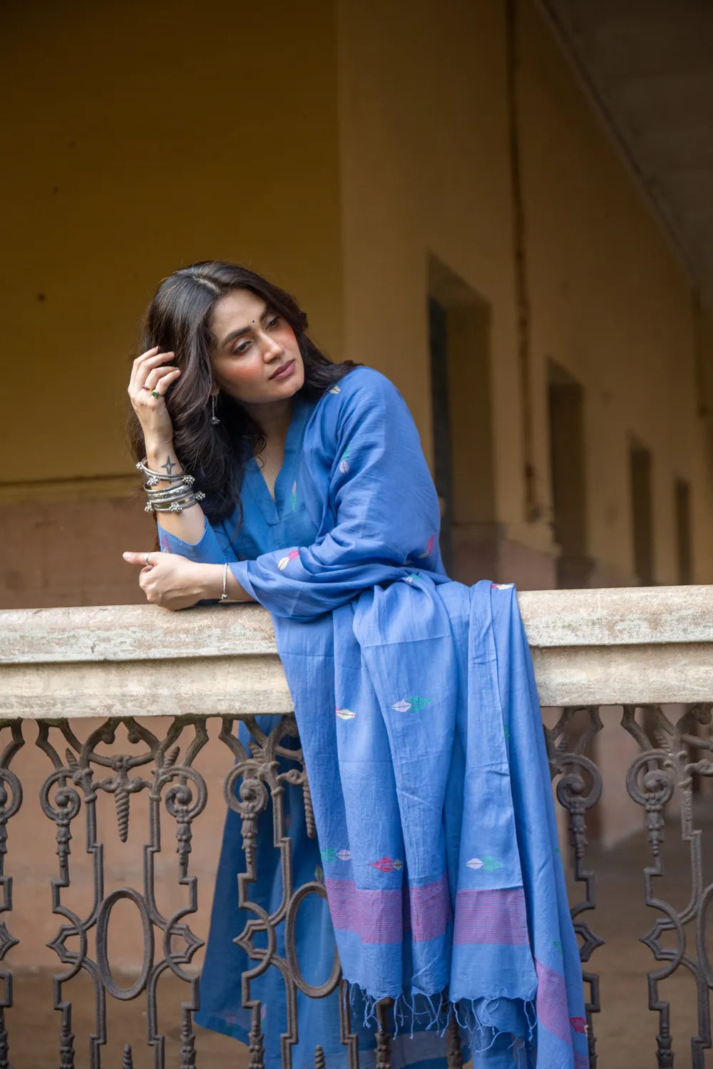 Handwoven Sky Blue Pure Cotton Jamdani Kurta Set with Traditional Motifs