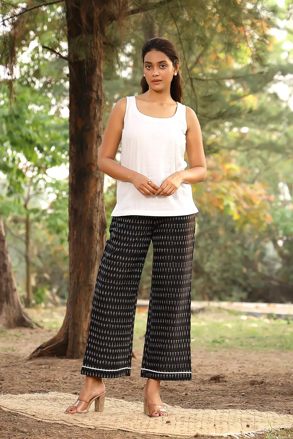 Handwoven White and Black Pure Cotton Ikat Co-ord Set with Traditional Pattern